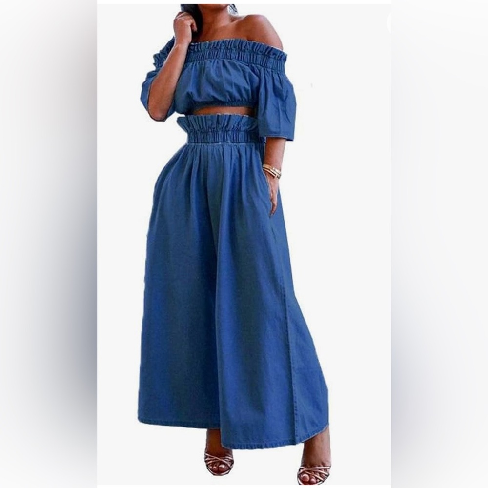 2pc Denim Crop Top and Wide Leg Pants